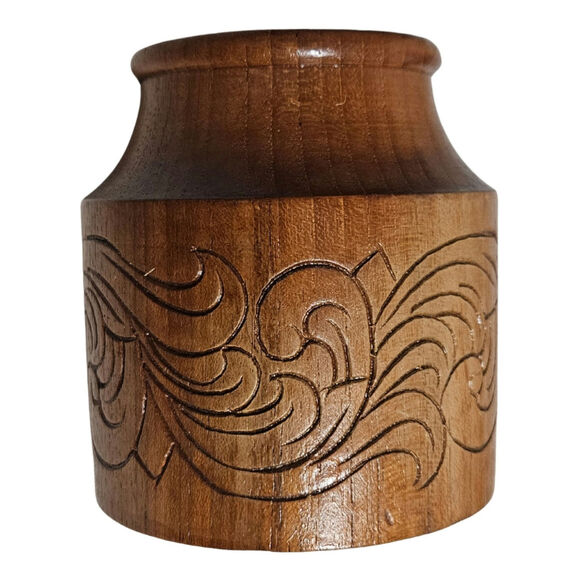 1960s Teak Wood Hand Carved Tea Canister With Lid Round Container Tiki Jar - Picture 7 of 7